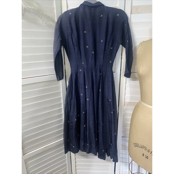 Vintage 50s Navy Fit And Flare Silk Dress 3/4 Dolman Sleeves Size Small - Picture 8 of 11